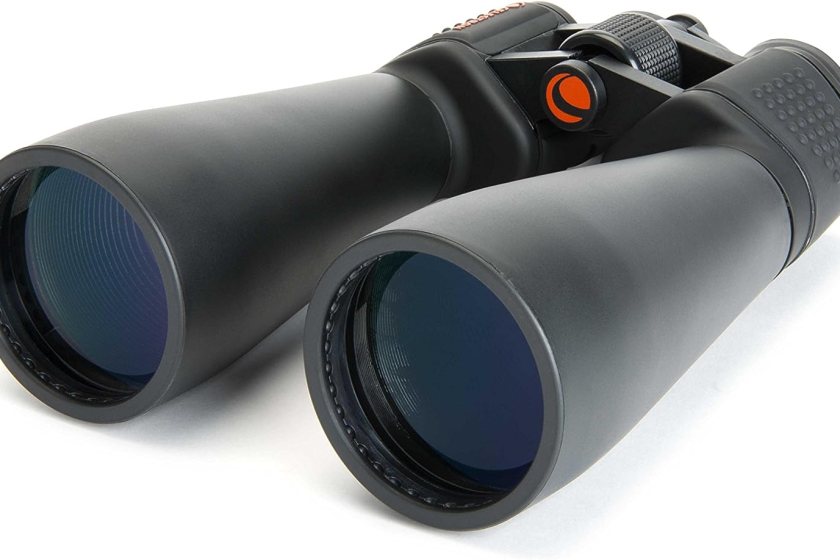 A pair of black Celestron SkyMaster 15x70 Porro binoculars