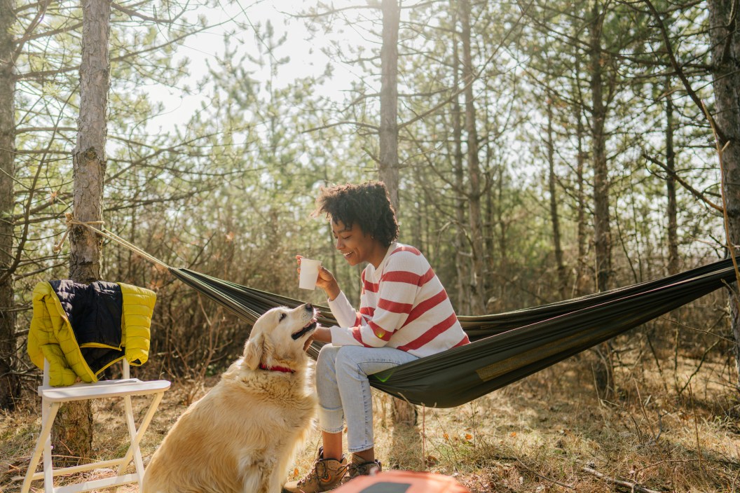 Photo of a young woman and her dog camping out in a forest on a beautiful autumn day