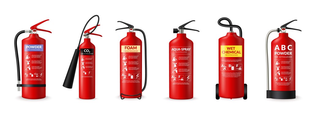 Fire extinguisher type, dry fire fighting powder class, water foam. Different alarm signs, wet chemical co2. Red cylinders with spray hoses. Vector infographic cartoon flat style isolated illustration