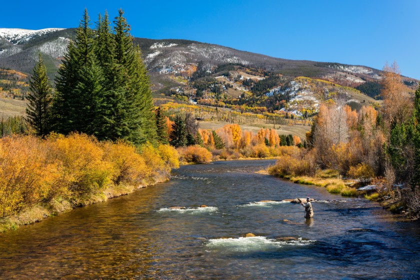 A woman fly-fishing in the Blue River, north of Silverthorne, Summit County, Colorado. Image captured in the early fall after a light snowfall.