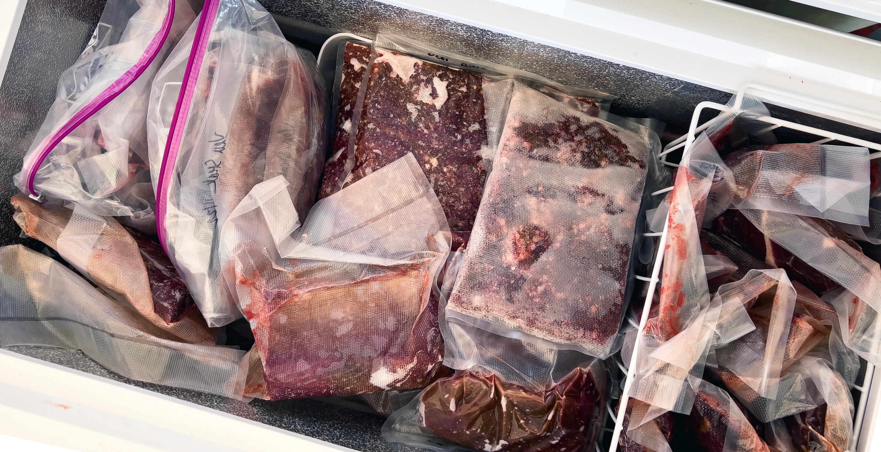 vacuum sealed cuts of venison deer meat in a deep chest freezer