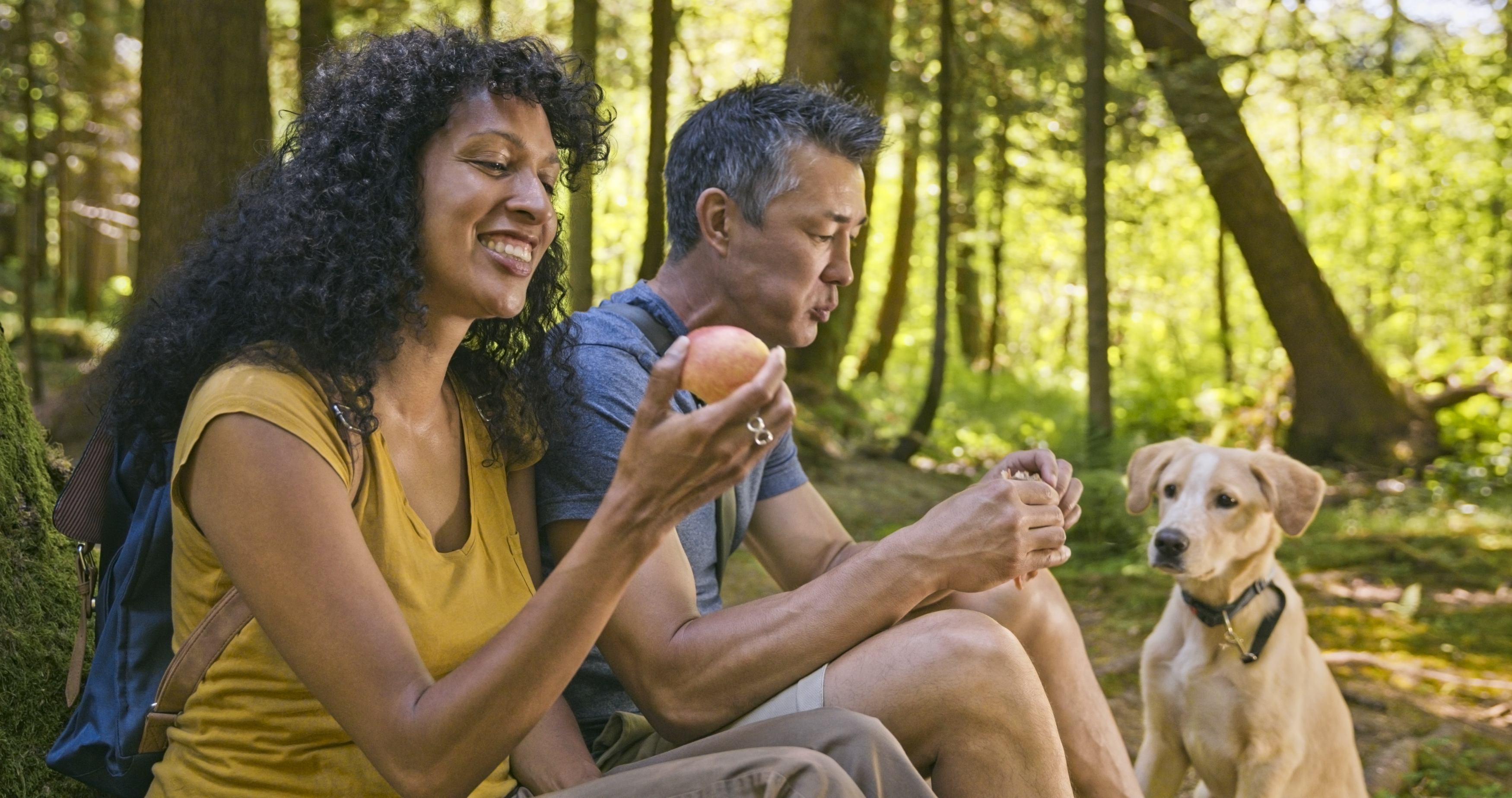 Man and woman sitting in the forest and eating lunch with their dog.