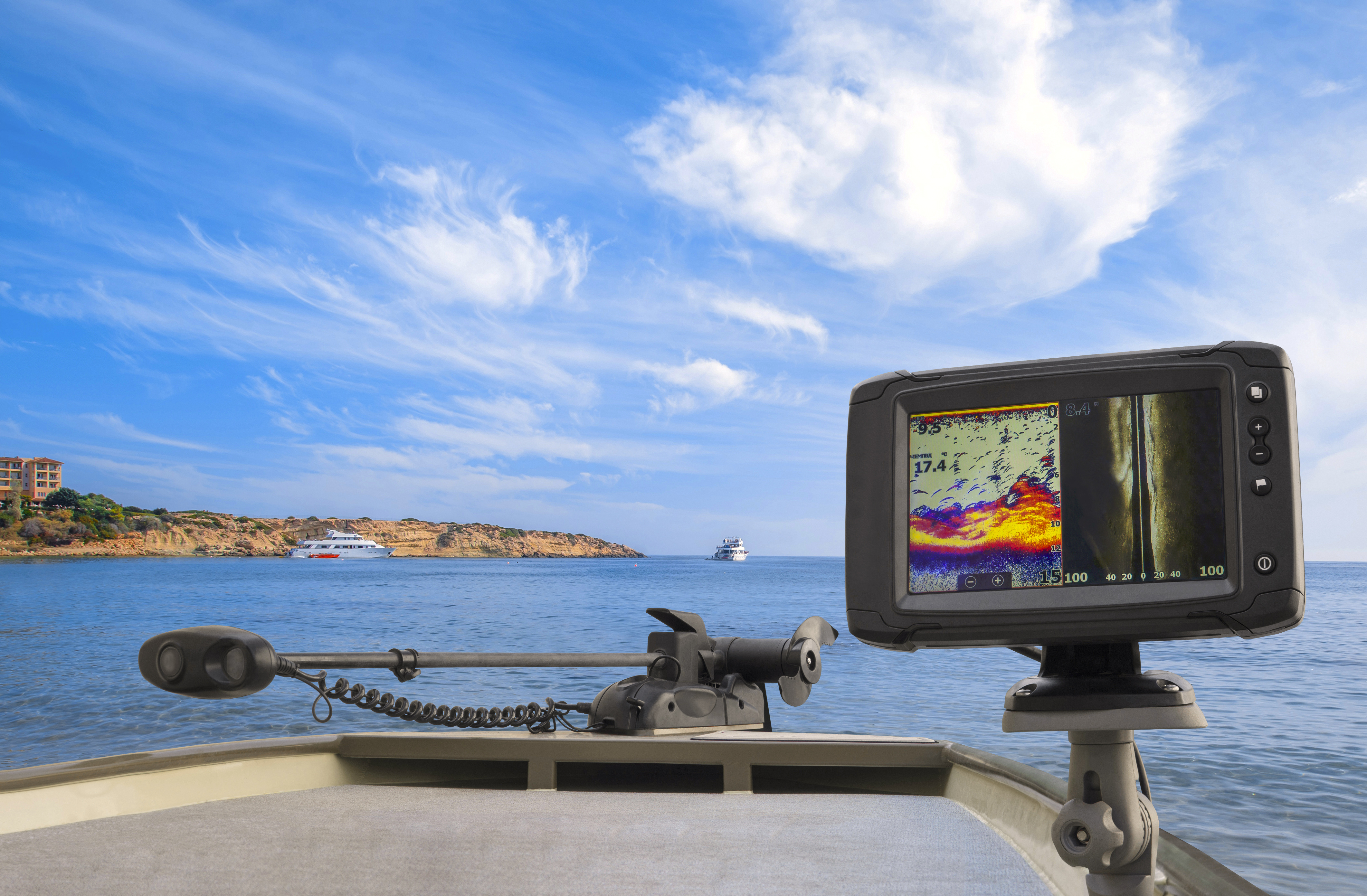 Fishfinder, echolot, fishing sonar at the boat