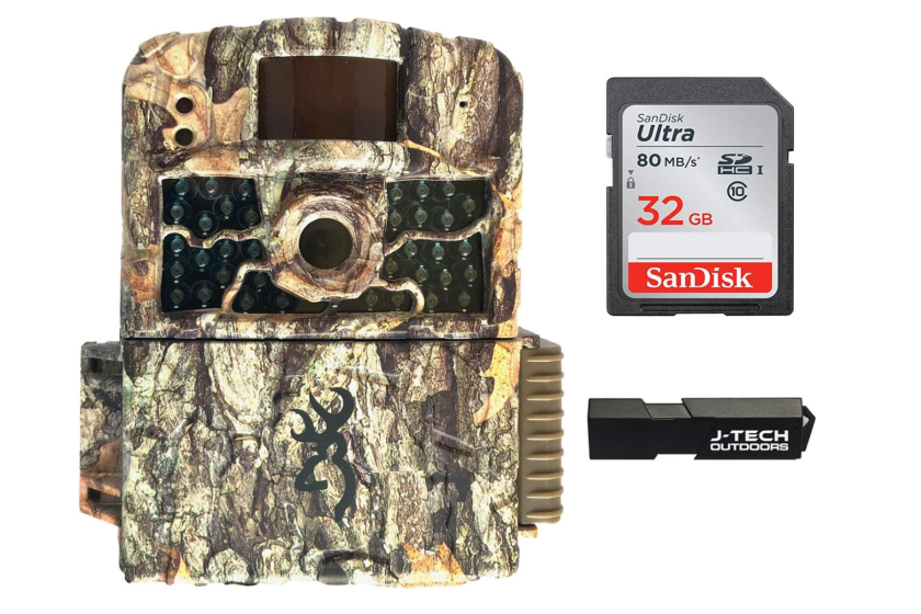 A camouflage trail camera with a SD card and flash drive