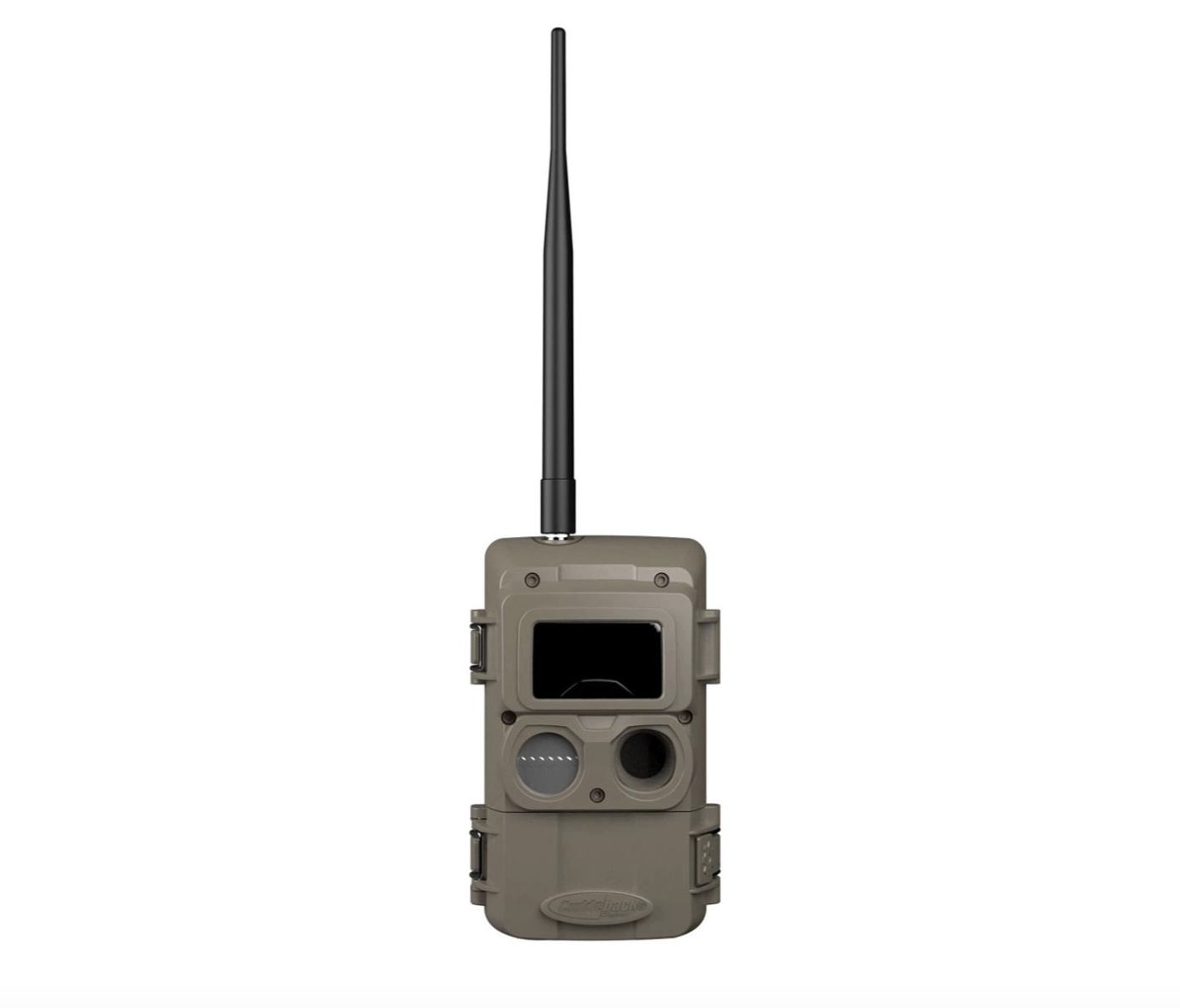 A gray trail camera with a black antenna sticking out of it 