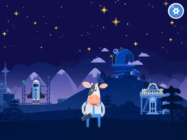 An animated cow in front of a stargazing background