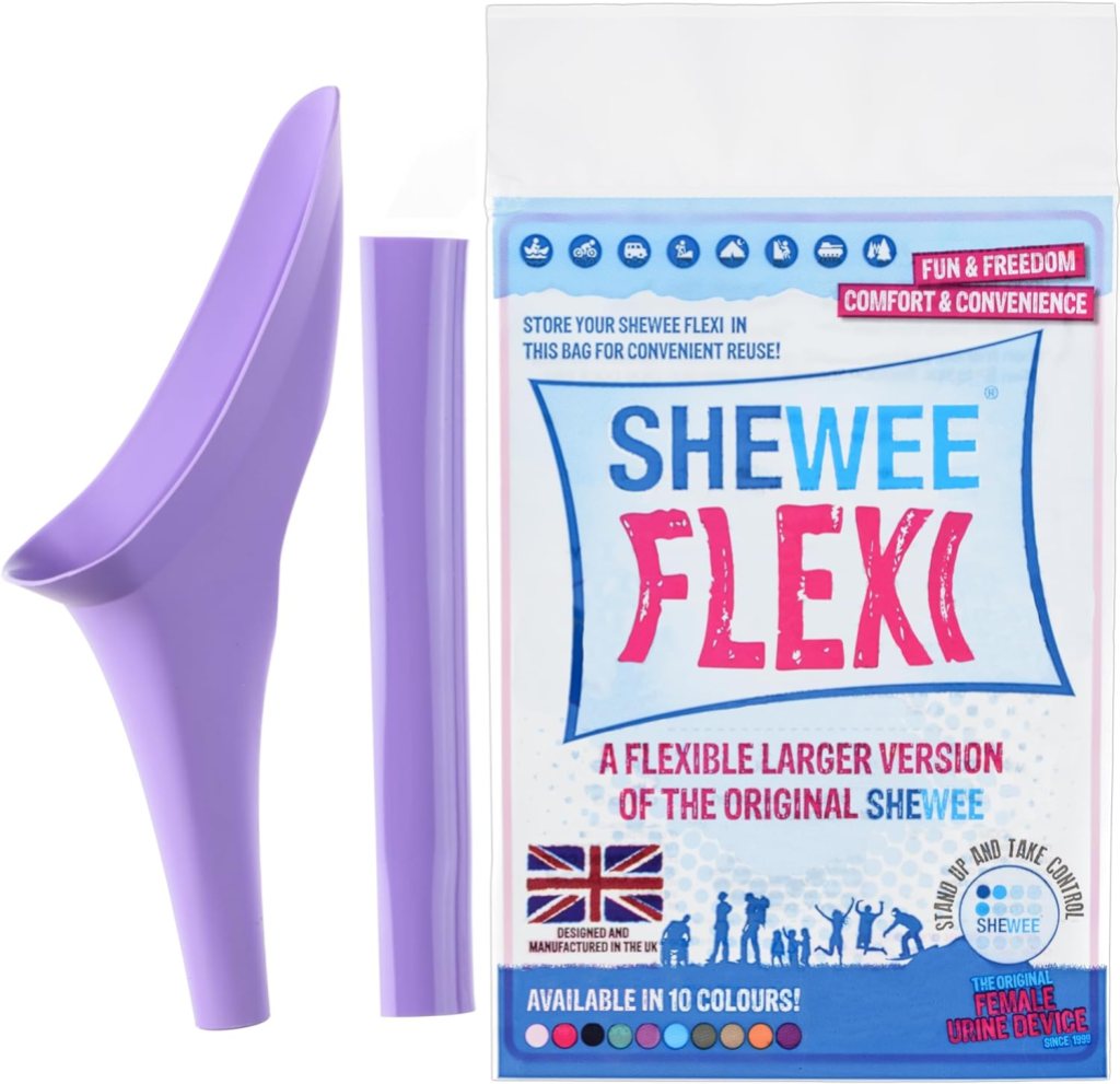 A purple pee funnel next to its packaging 