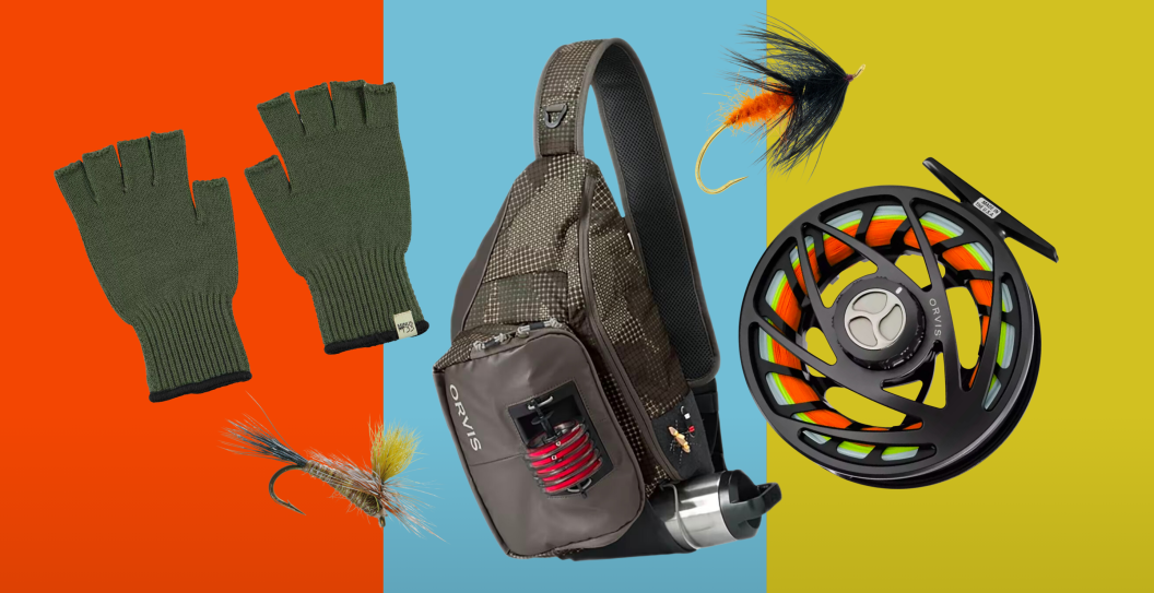 A collage of several fishing gifts on a red, blue, and green background
