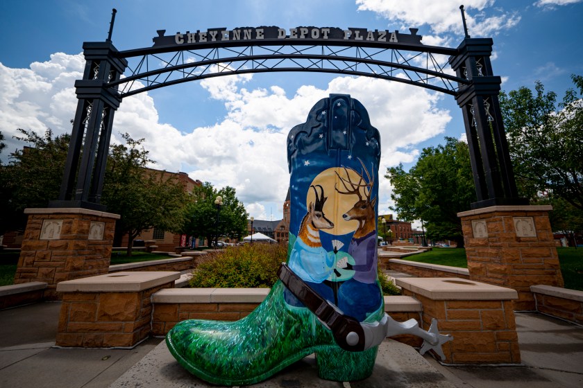 An eight-foot-tall cowboy boot is seen in the Depot Plaza in downtown Cheyenne, Wyoming.