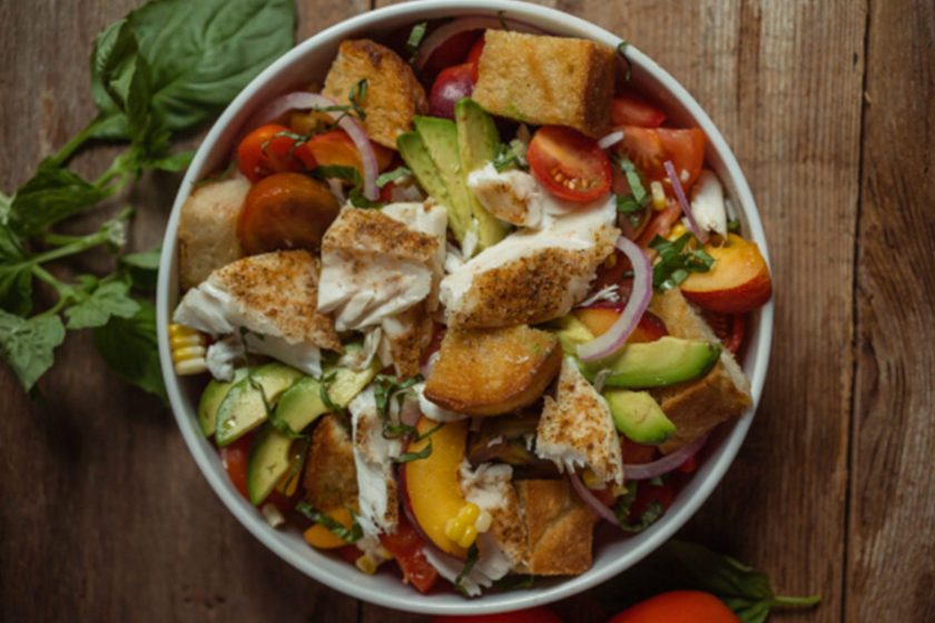 Grilled Panzanella Salad with Smoked Halibut