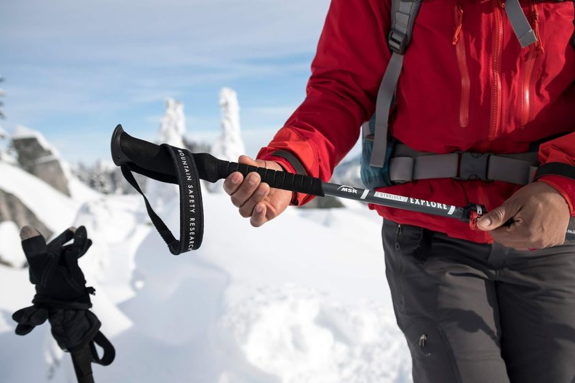 Person in red jacket holding red and black trekking poles in the snow