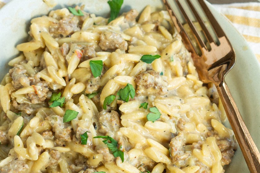 Italian sausage orzo in a mint colored bowl 