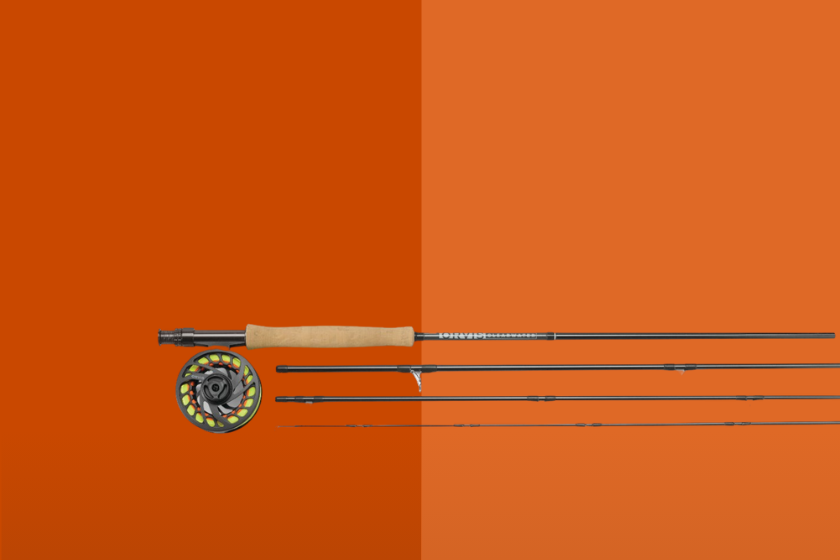 An Orvis fishing rod on an orange background