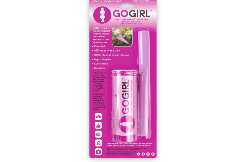 A pink package with a clear pee funnel inside