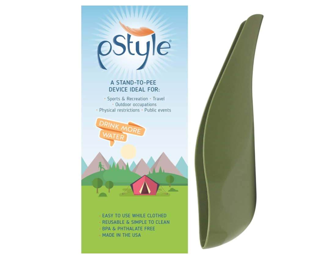 A forest green pee funnel next to its packaging 