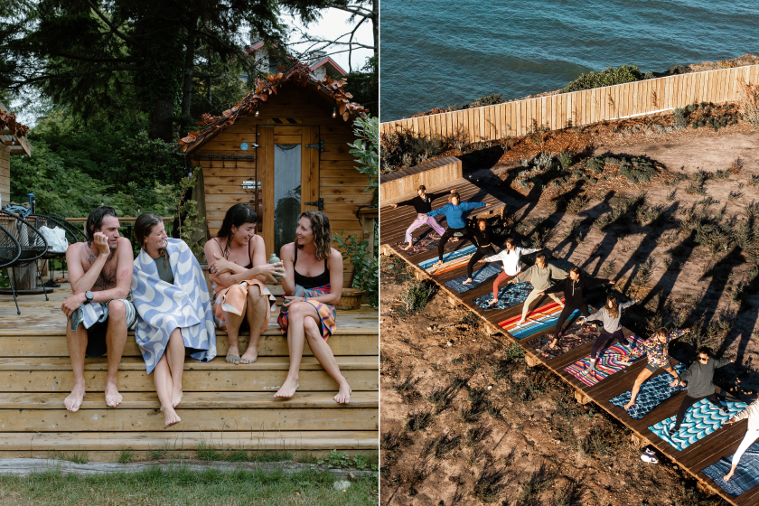 Collage of people sitting on a deck, along with people stretching on a beach, all using Nomadix towels