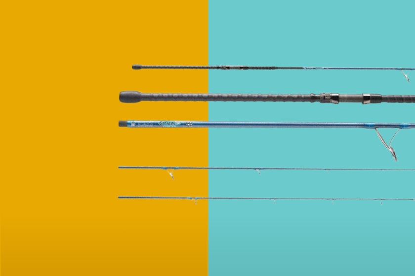 A series of St. Croix fishing rods on a blue and yellow background
