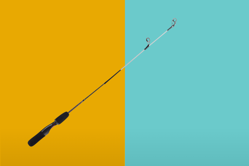 An Ugly Stik rod on a blue and yellow background