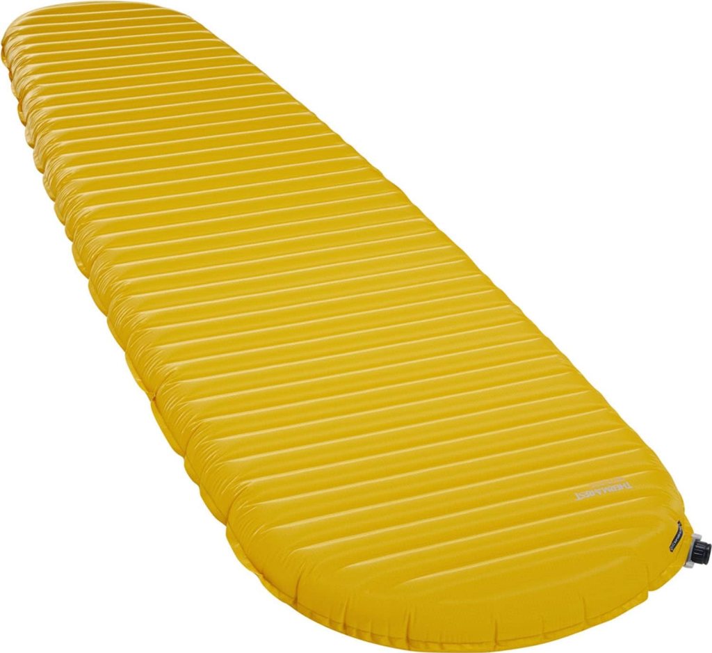 A ribbed yellow sleeping pad from Therm-A-Rest