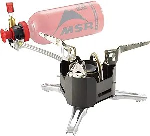 A black, silver, and red MSR Camp Stove