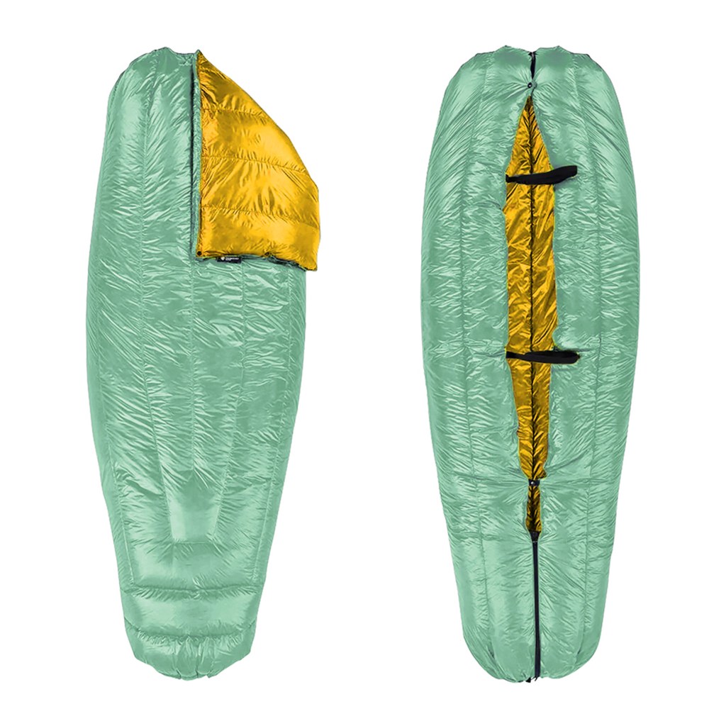 A sea foam green and yellow Enlightened Equipment sleeping bag 