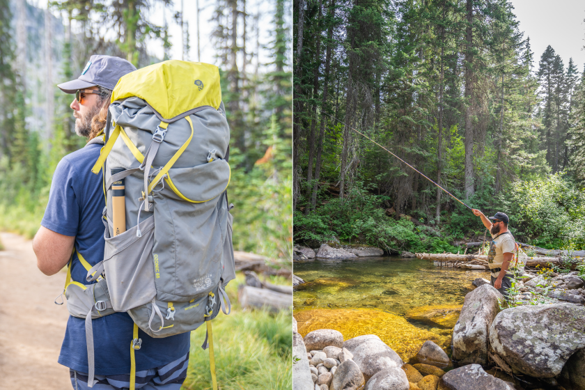 A collage of someone hiking and fishing while carrying a Tenkara Beartooth Rod