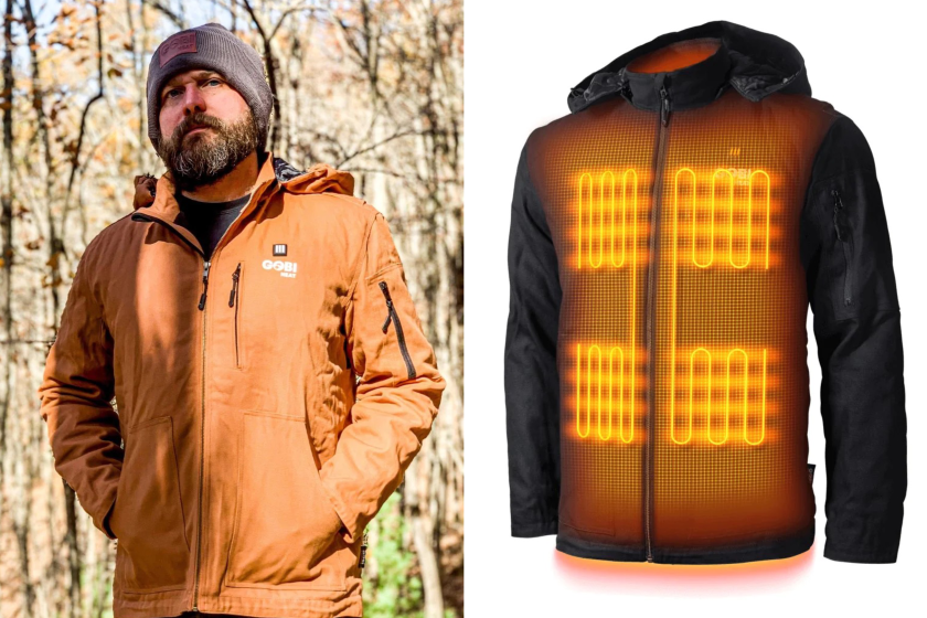 Person wearing an orange Gobi heated jacket, and beside, an image showing how the jacket heats up 