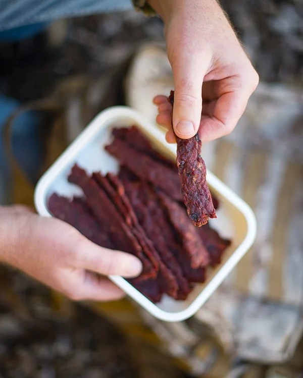 A plate of ground venison jerky being held in a close up of someone's hands