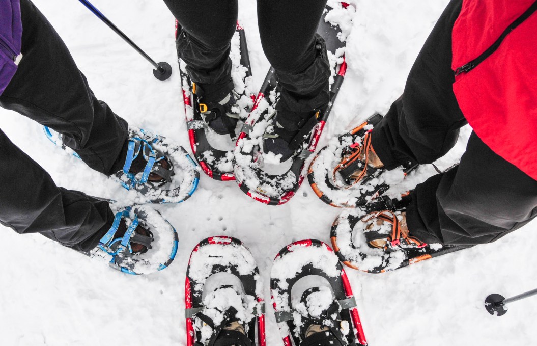 Overhead view of four people standing on snow wearing modern, lightweight snowshoes