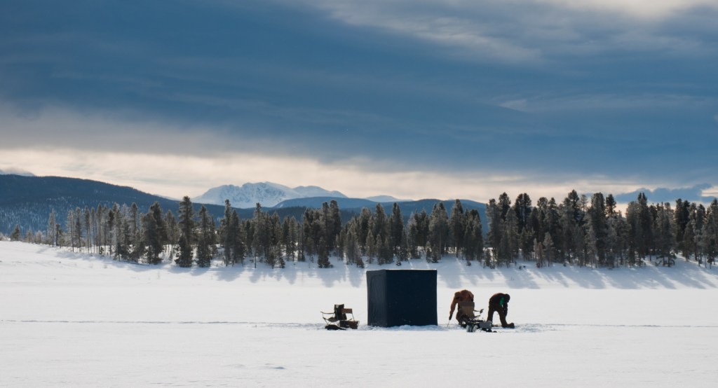 Ice fishing on Lake Granby, Colorado.