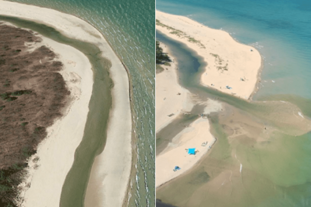 Pictures showing Platte River being diverted into Lake Michigan