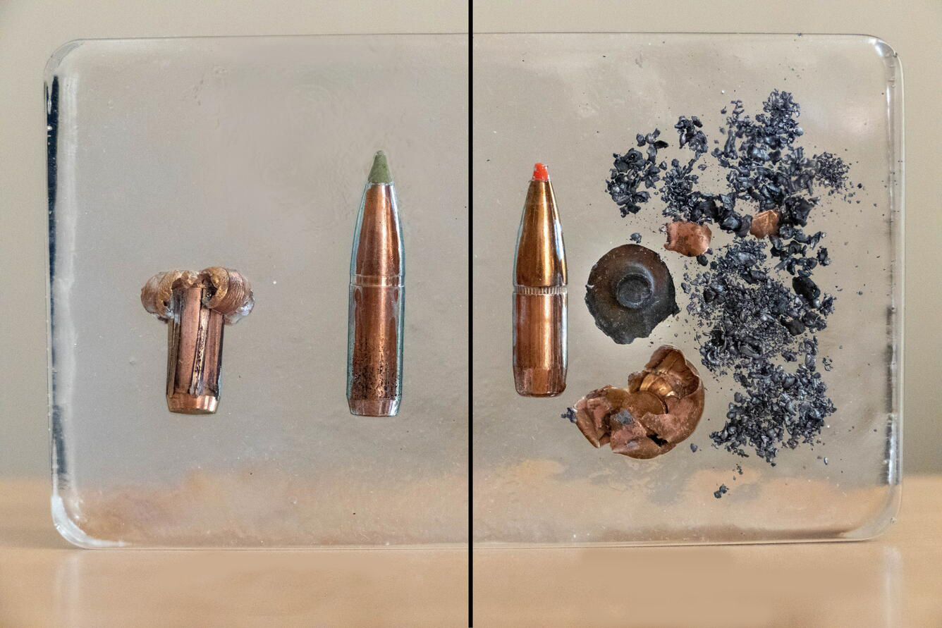 Non-lead ammunition, such as those made from copper, tend to remain intact after impact with their target, while lead ammunition can fragment into many small pieces.