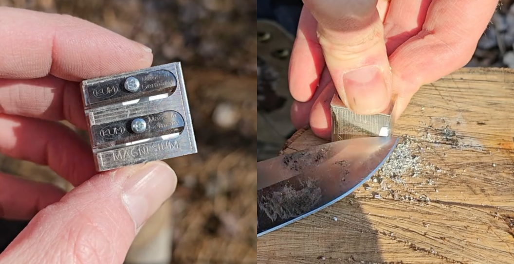 man demonstrates how to use a pencil sharpener in a survival kit